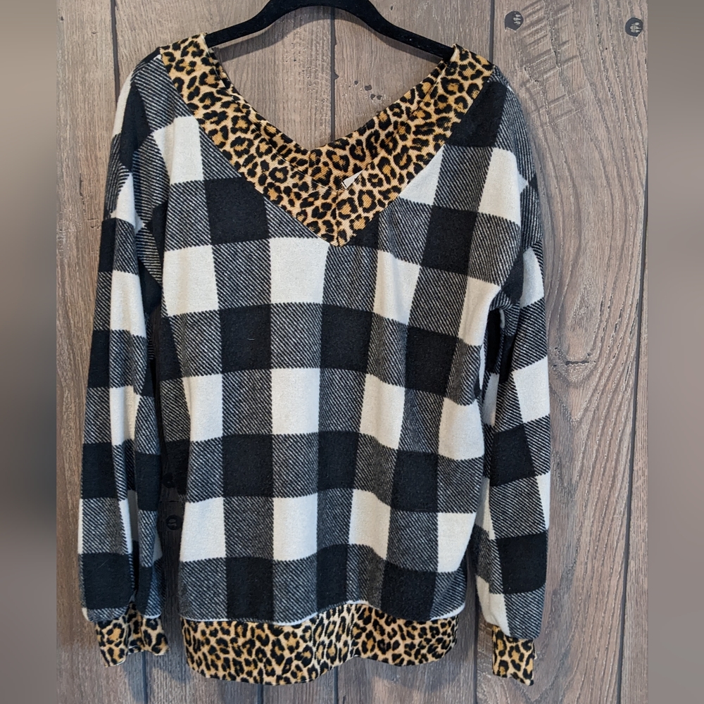 Buffalo Plaid with leopard trim sweater